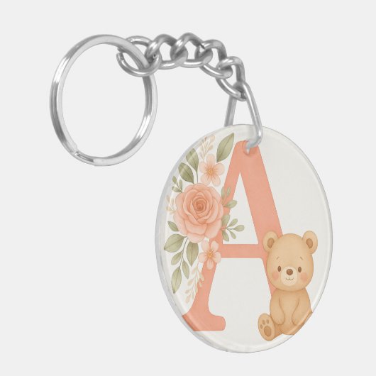 Floral Alphabet A Keychain – Cute Bear  (Voorkant Links)