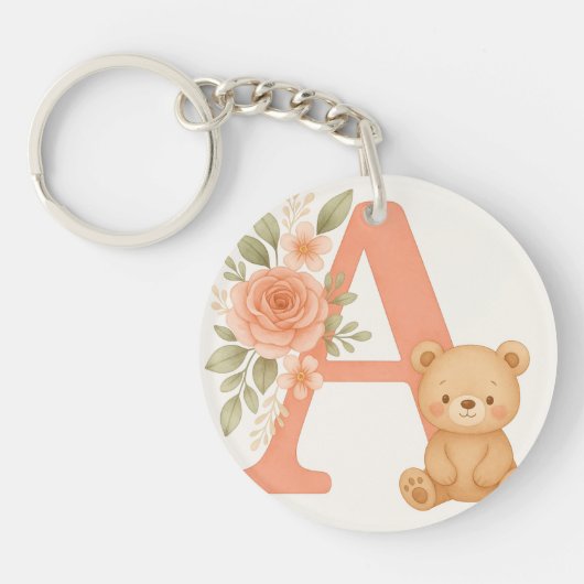 Floral Alphabet A Keychain – Cute Bear  (Voorkant)
