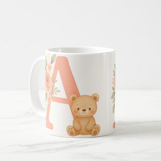Floral Alphabet A Mug – Cute Bear Initial Mug Koffiemok (Voorkant links)