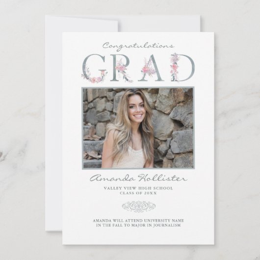 Floral Alphabet Foto Afstudeerder Aankondiging (Voorkant)