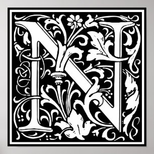 Floral Alphabet Monogram Letter N Poster