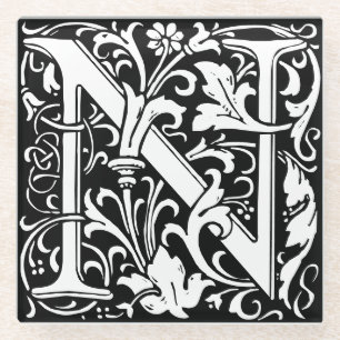 Floral Alphabet Monogram Letter N Tegel Morris Glazen Onderzetter
