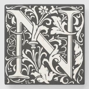 Floral Alphabet Monogram Letter N Tegel Morris Stenen Onderzetter