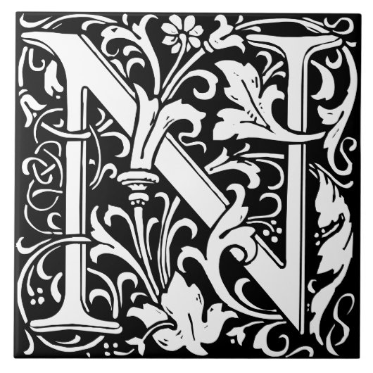 Floral Alphabet Monogram Letter N Tegel Tegeltje (Voorkant)