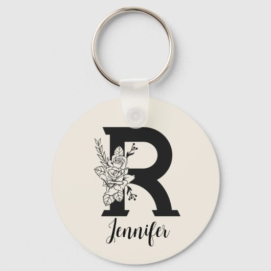 Floral Alphabet R Black en White Sleutelhanger (Voorkant)