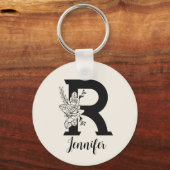 Floral Alphabet R Black en White Sleutelhanger (Voorkant)