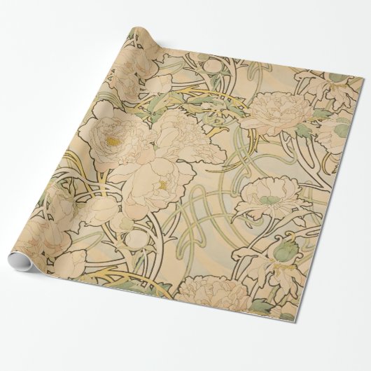  Floral Alphonse Mucha Peonies GalleryHD Cadeaupapier (Uitgerold)