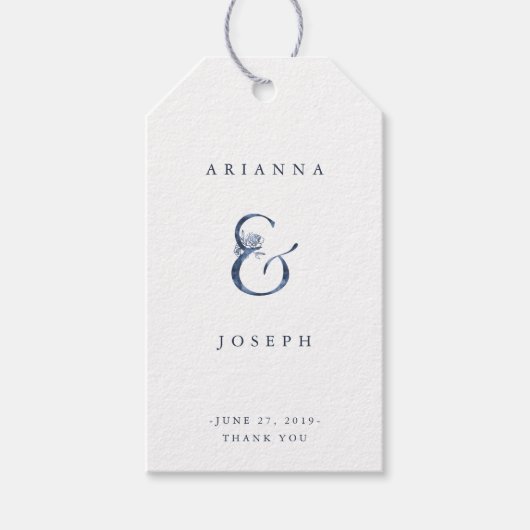 Floral Ampersand | Blauwe Waterverf bruiloft Cadeaulabel (Voorkant)