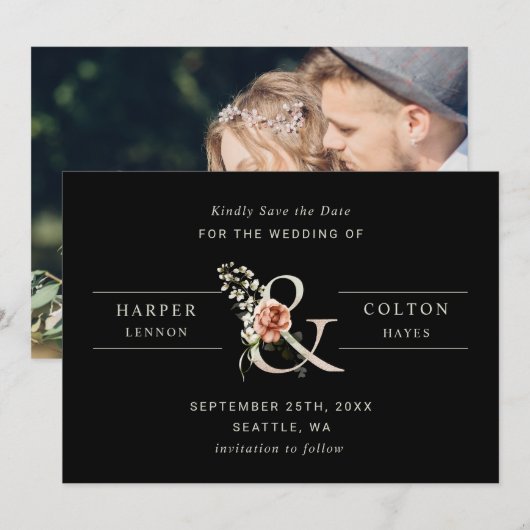 Floral Ampersand Elegant Wedding Black Foto Save The Date (Voorkant / Achterkant)