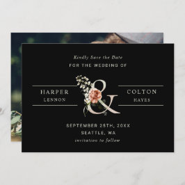 Floral Ampersand Elegant Wedding Black Foto Save The Date