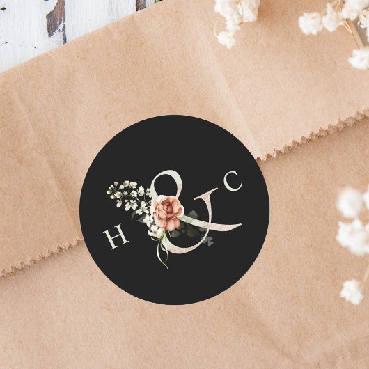 Floral Ampersand Elegant Wedding Monogram Black Ronde Sticker