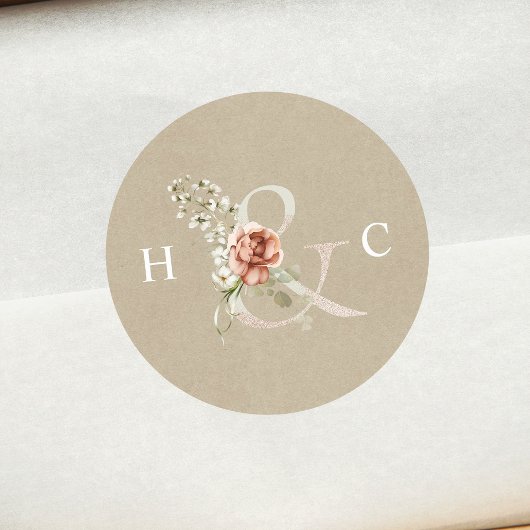 Floral Ampersand Elegant Wedding Monogram Kraft Ronde Sticker