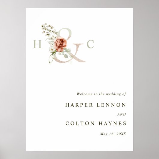 Floral Ampersand Elegant Wedding Welcome Sign Poster (Voorkant)
