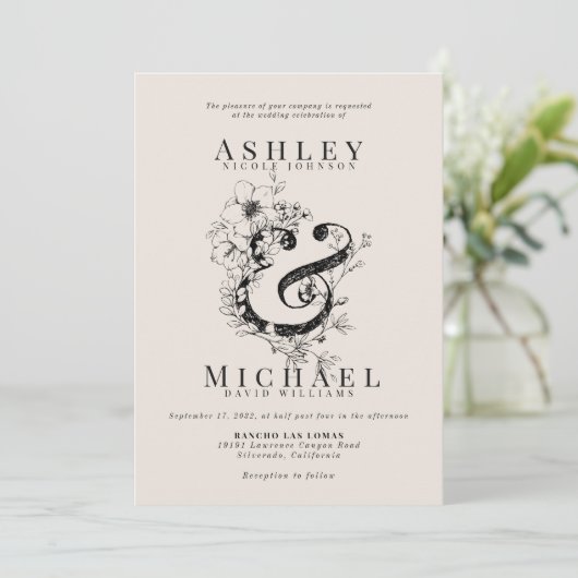 FLORAL AMPERSAND Hand getrokken Blush bruiloft Kaart (Staand voorkant)