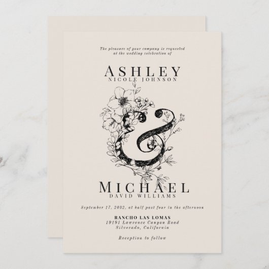 FLORAL AMPERSAND Hand getrokken Blush bruiloft Kaart (Voorkant / Achterkant)