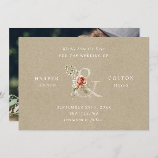 Floral Ampersand Rustic Kraft Wedding Foto Save The Date (Voorkant / Achterkant)