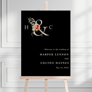 Floral Ampersand Wedding Welcome Black Sign Poster