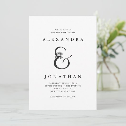 Floral Ampersand | Zwarte en witte bruiloft Kaart (Staand voorkant)