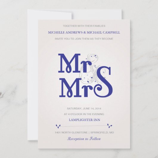 Floral Amperstand Wedding Invitation in Navy Kaart (Voorkant)