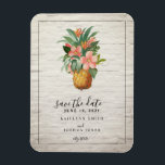 Floral ananas baksteen bruiloft Save the date Magneet<br><div class="desc">Een bruiloft bewaart de datum met een afbeelding van een ananas versierd met bloemen over een witte bakstenen achtergrond.</div>