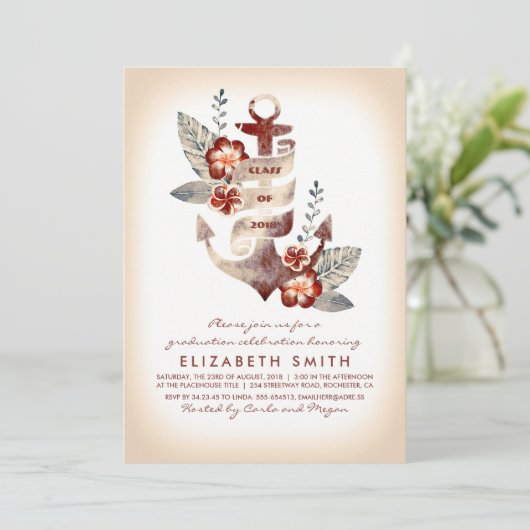 Floral Anchor - Beach Graduparty Kaart (Staand voorkant)