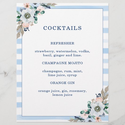 Floral Anchor Beach Wedding Cocktail Menu (Voorkant)