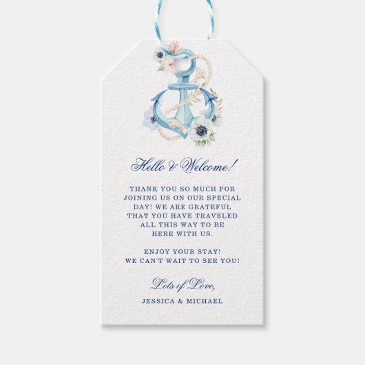 Floral Anchor Blue Stripes Beach Weddenschap Welko Cadeaulabel (Voorkant)