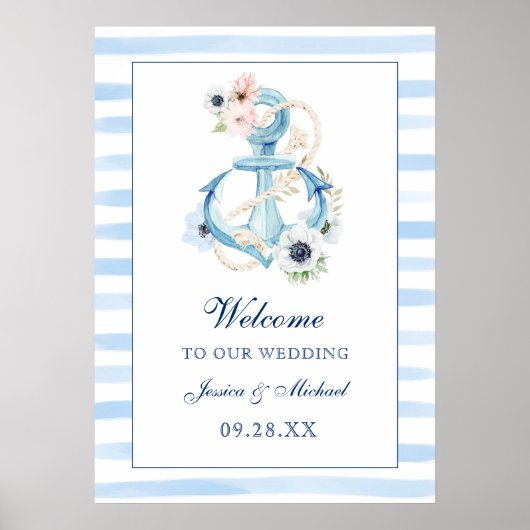 Floral Anchor Blue Stripes Beach Weddenschap Welko Poster (Voorkant)