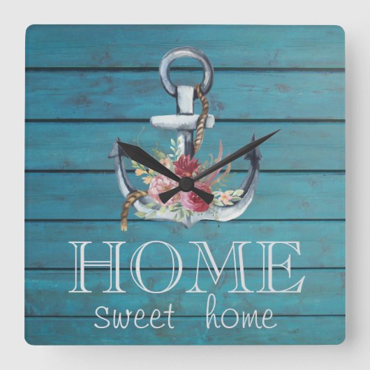 Floral Anchor,Hout,Home Sweet Home Vierkante Klok (Voorkant)