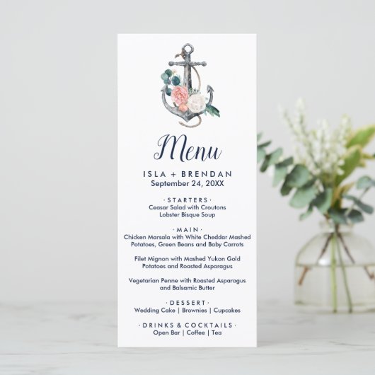 Floral Anchor | Kaart menu Menu zomeravondeten (Staand voorkant)