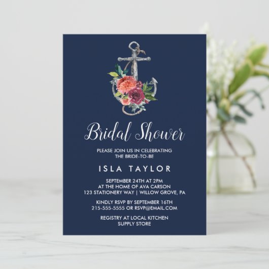 Floral Anchor | Najaar Vrijgezellenfeest Navy Kaart (Staand voorkant)
