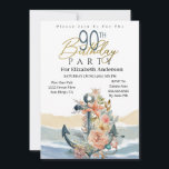 Floral Anchor Nautical 90th Birthday Kaart<br><div class="desc">Floral Anchor Nautical Ocean Wave 90th Birthday Invitation for Women. Gemakkelijk om de steekproeftekst in uw eigen te veranderen door te klikken personaliseer. Klik verder aanpassen om het doopvonttype, de kleur van de doopvont, de doopvontgrootte te veranderen, of de tekst of de ontwerpelementen toe te voegen/te schrappen/te veranderen. Nota: Deze...</div>