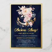 Floral Anchor Nautical Girl Baby shower Navy Gold Folie Uitnodiging (Voorkant)