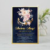 Floral Anchor Nautical Girl Baby shower Navy Gold Folie Uitnodiging (Staand Voorkant)