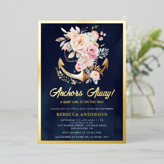 Floral Anchor Nautical Girl Baby shower Navy Gold Folie Uitnodiging (Staand Voorkant)