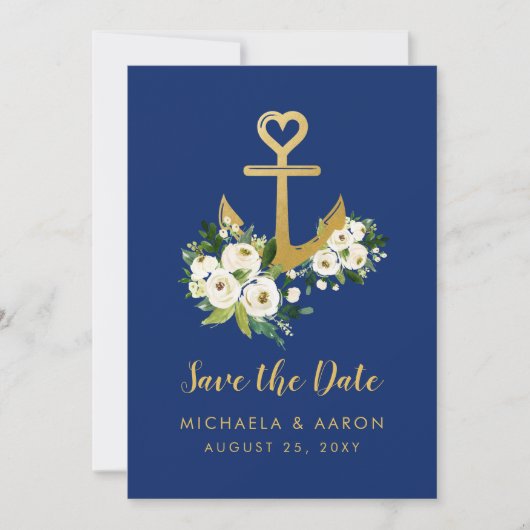 Floral Anchor Navy Nautical Save the Date Kaart (Voorkant)