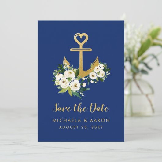 Floral Anchor Navy Nautical Save the Date Kaart (Staand voorkant)