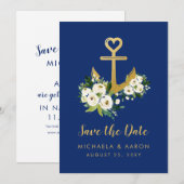 Floral Anchor Navy Nautical Save the Date Kaart (Voorkant / Achterkant)