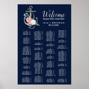 Floral Anchor Navy Summer Alfabetical Table Plan Poster