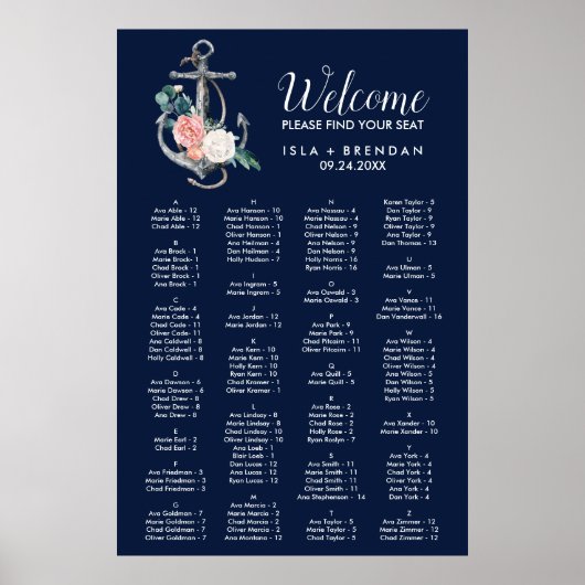Floral Anchor Navy Summer Alfabetical Table Plan Poster (Voorkant)