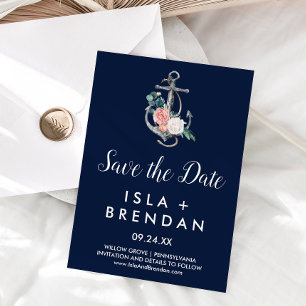 Floral Anchor   Navy Summer Save the Date Kaart