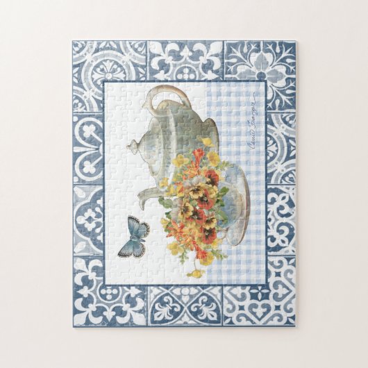 Floral and Blue Butterfly Tea Party Puzzle Legpuzzel (Verticaal)