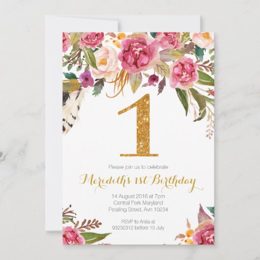 Floral and Gold First Birthday Invitation Kaart (Voorkant)