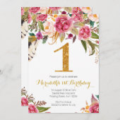 Floral and Gold First Birthday Invitation Kaart (Voorkant / Achterkant)