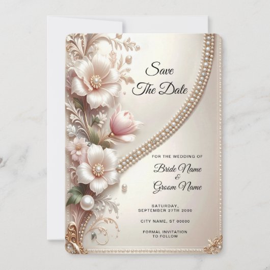 Floral and Pearl Embellishments Save The Date (Voorkant)