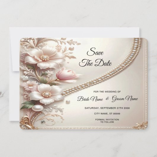Floral and Pearl Embellishments Save The Date (Voorkant)