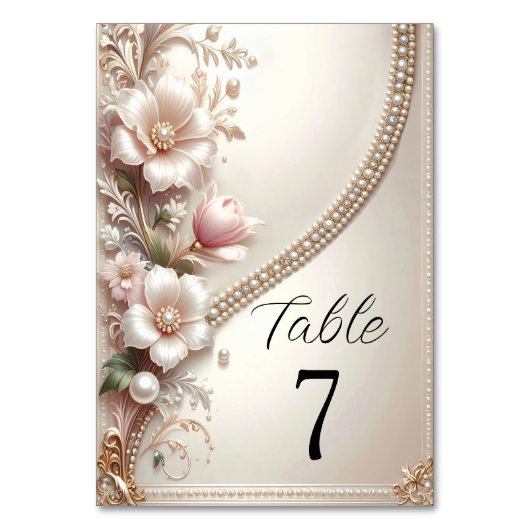 Floral and Pearl Embellishments Table Number Kaart (Voorkant)