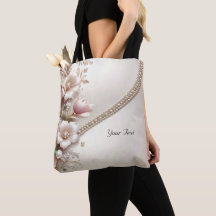 Floral and Pearl Embellishments Tote Bag