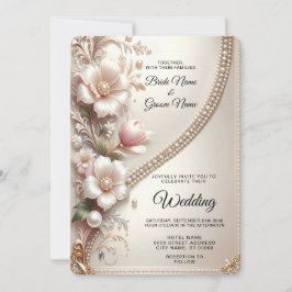 Floral and Pearl Embellishments Wedding Invitation Kaart