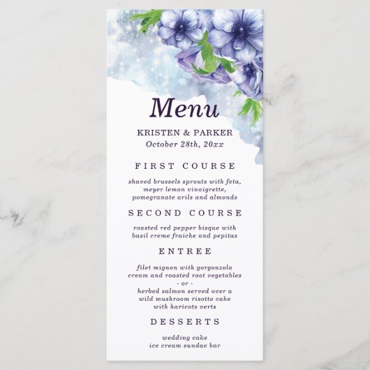 Floral Anemone Paars Wedding Menu (Voorkant)